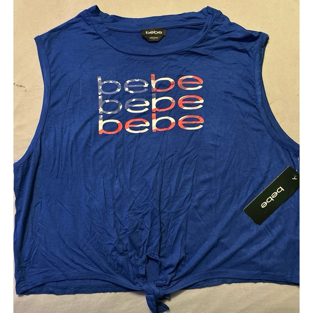 NEW Bebe Triple Logo Patriotic Tie Front‎ Semi Cropped Muscle Tank, Size Large